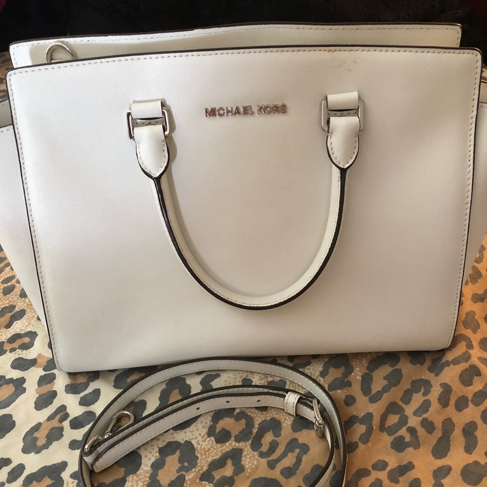 White and silver hardware large Michael Kors selma